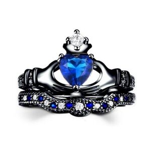 Two Size 7 Elegant Gun Metal Claddagh Heart & Crown Rings Blue and White Stones